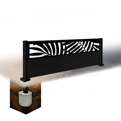 Easycomposite 2Ft Composite Fence Panel & Aluminium Post Sunken In GroundBlack Boards & Leafy Topper Trellis