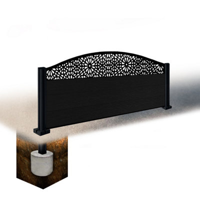 Easycomposite 2Ft Composite Fence Panel & Aluminium Post Sunken In GroundBlack Boards & Morocco Curved Topper Trellis
