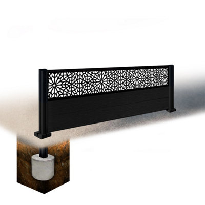 Easycomposite 2Ft Composite Fence Panel & Aluminium Post Sunken In GroundBlack Boards & Morocco Topper Trellis