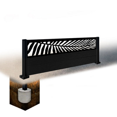 Easycomposite 2Ft Composite Fence Panel & Aluminium Post Sunken In GroundBlack Boards & Palm Topper Trellis