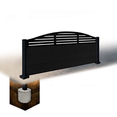 Easycomposite 2Ft Composite Fence Panel & Aluminium Post Sunken In GroundBlack Boards & Slat Curved Topper Trellis