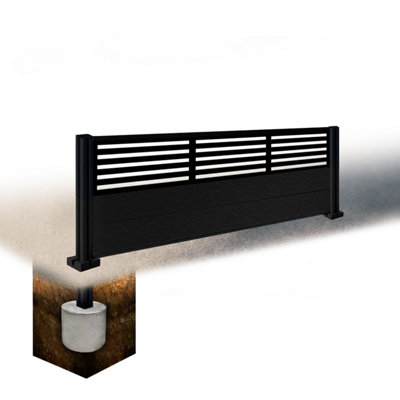 Easycomposite 2Ft Composite Fence Panel & Aluminium Post Sunken In GroundBlack Boards & Slat Topper Trellis