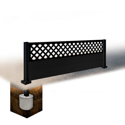 Easycomposite 2Ft Composite Fence Panel & Aluminium Post Sunken In GroundBlack Boards & Wave Topper Trellis