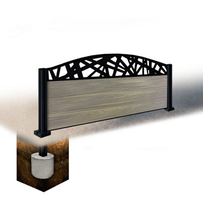 Easycomposite 2Ft Composite Fence Panel & Aluminium Post Sunken In GroundGreige Boards & Laser Curved Topper Trellis