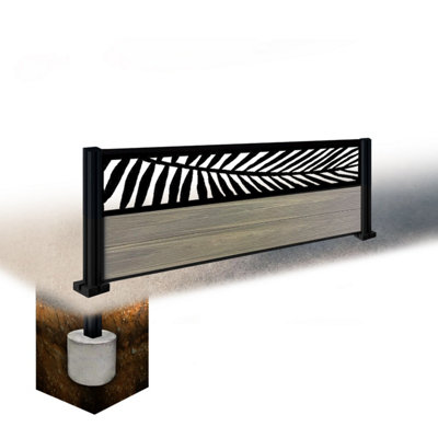 Easycomposite 2Ft Composite Fence Panel & Aluminium Post Sunken In GroundGreige Boards & Palm Topper Trellis