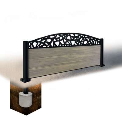 Easycomposite 2Ft Composite Fence Panel & Aluminium Post Sunken In GroundGreige Boards & Pebble Curved Topper Trellis