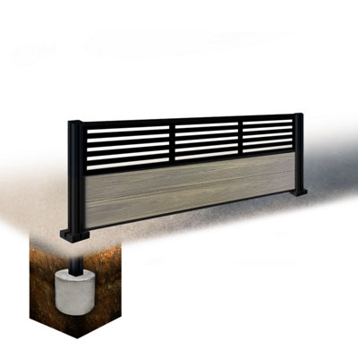 Easycomposite 2Ft Composite Fence Panel & Aluminium Post Sunken In GroundGreige Boards & Slat Topper Trellis