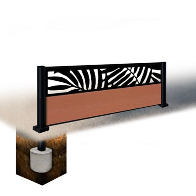 Easycomposite 2Ft Composite Fence Panel & Aluminium Post Sunken In GroundTeak Boards & Leafy Topper Trellis