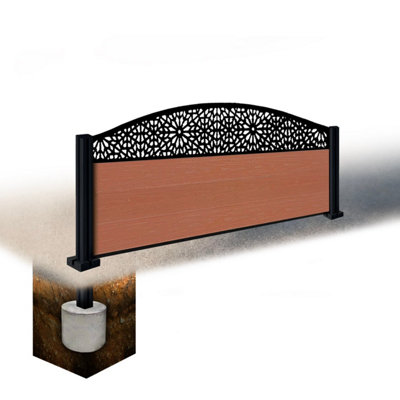 Easycomposite 2Ft Composite Fence Panel & Aluminium Post Sunken In GroundTeak Boards & Morocco Curved Topper Trellis