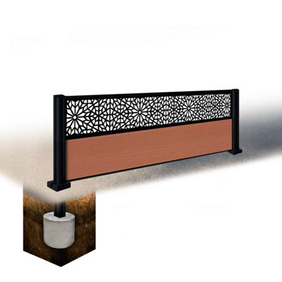 Easycomposite 2Ft Composite Fence Panel & Aluminium Post Sunken In GroundTeak Boards & Morocco Topper Trellis