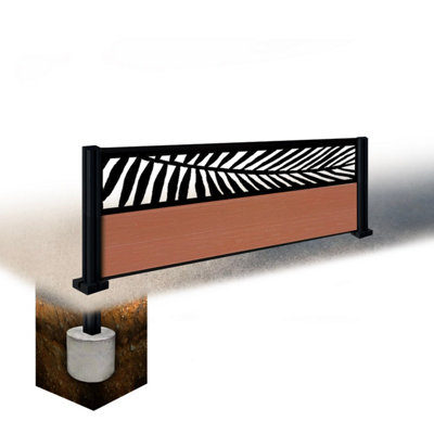 Easycomposite 2Ft Composite Fence Panel & Aluminium Post Sunken In GroundTeak Boards & Palm Topper Trellis