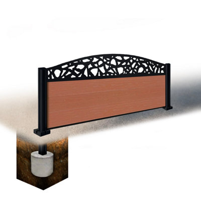 Easycomposite 2Ft Composite Fence Panel & Aluminium Post Sunken In GroundTeak Boards & Pebble Curved Topper Trellis