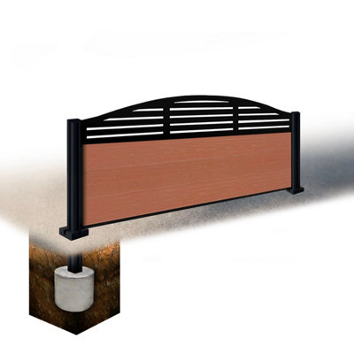 Easycomposite 2Ft Composite Fence Panel & Aluminium Post Sunken In GroundTeak Boards & Slat Curved Topper Trellis