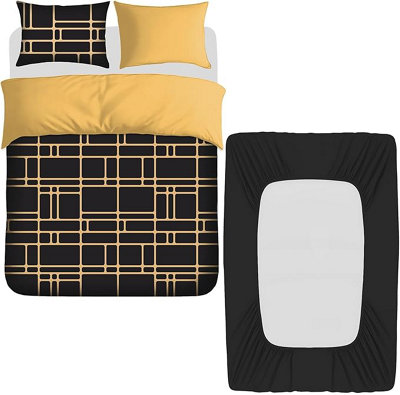 Pamposh 4 Pcs Super King Size Duvet Cover Sets With Matching Black Superking Size Fitted Sheets Premium Microfibre Reversible from B&Q