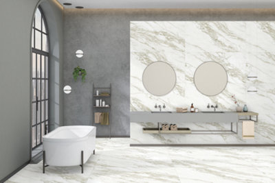 30 X Calacatta Fern Marble Effect Gloss Porcelain Indoor Wall & Floor TilesTotal Coverage 21.6M2 (1200mm X 600mm Per Tile) from B&Q