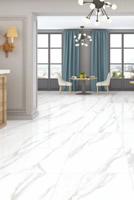 30 X Calacatta Garima Marble Effect Gloss Porcelain Indoor Wall & Floor TilesTotal Coverage 21.6M2 (1200mm X 600mm Per Tile) from B&Q
