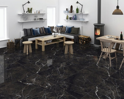 30 X Glitz Nero  Marble Effect Gloss Porcelain Indoor Wall & Floor TilesTotal Coverage 21.6M2 (1200mm X 600mm Per Tile) from B&Q