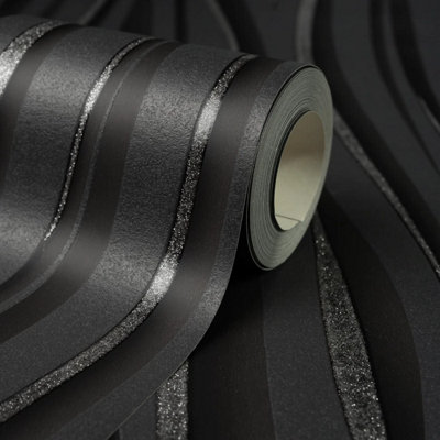 Charcoal Grey Black Glitter Textured Feature Wallpaper Vinyl Wave Stripe Thick from B&Q