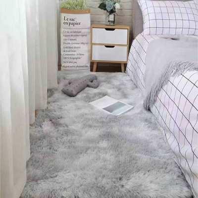 Plush Tie-Dyed Shaggy Area RugNon-Slip Bedside Carpet  Grey (80Cm X 200Cm) from B&Q