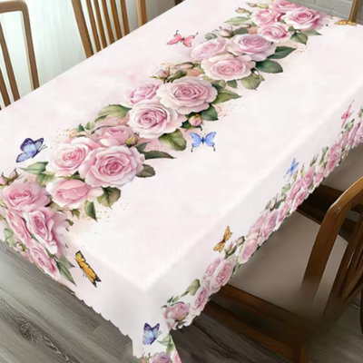  - Elegant 140X200 Cm Pink Rose Linen Tablecloth With Butterfly