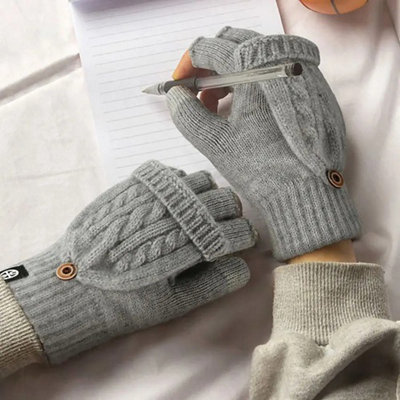 Wool Knitted Fingerless Flip Gloves Winter Touchscreen Mittens from B&Q