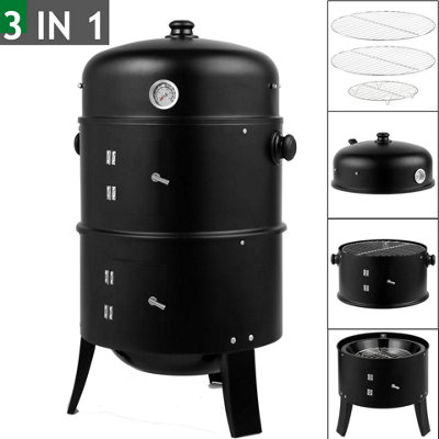  - 3 In 1 Bbq Charcoal Grill And Smoker For Garden Outdoor Cooking Camping Black