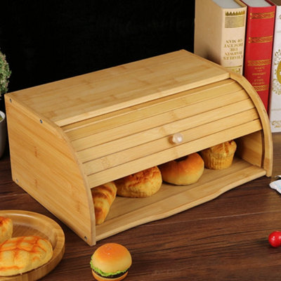 Bamboo Roll Top Bread Bin 40X27X17Cm Kitchen Loaf Storage Box