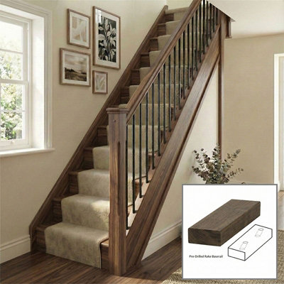 B&Q - Walnut Baserail Modern 3.6M Rake Drilled For 14mm Metal Spindles Uk Manufactured 