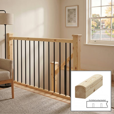 B&Q - Pine Handrail Contemporary 3.0M Landing Drilled For 14mm Metal Spindles Uk Manufactured 