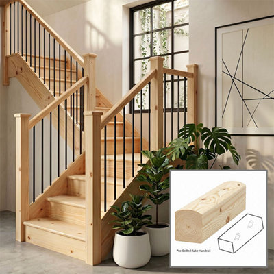 B&Q - Pine Handrail Contemporary 3.0M Rake Drilled For 14mm Metal Spindles Uk Manufactured 