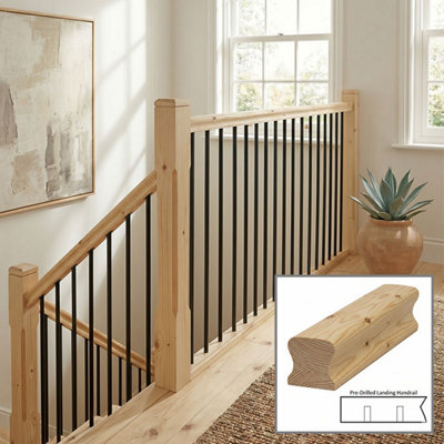 B&Q - Pine Handrail Thr 3.0M Landing Drilled For 14mm Metal Spindles Uk Manufactured 