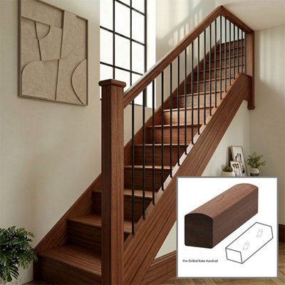 B&Q - Sapele Handrail Contemporary 1.2M Rake Drilled For 14mm Metal Spindles Uk Manufactured 