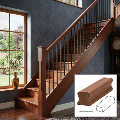 B&Q - Sapele Handrail Thr 3.6M Rake Drilled For 14mm Metal Spindles Uk Manufactured 