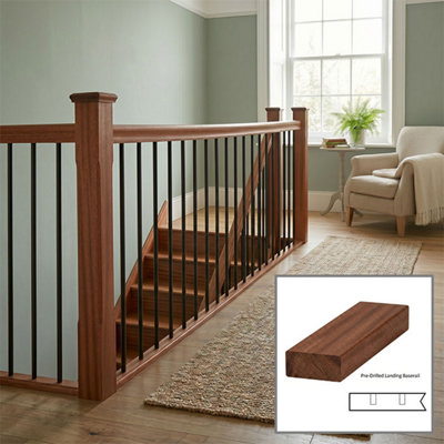 B&Q - Sapele Baserail Modern 2.4M Landing Drilled For 14mm Metal Spindles Uk Manufactured 