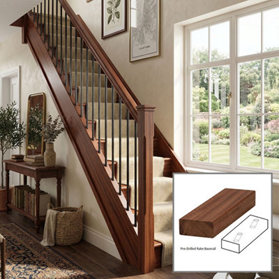 B&Q - Sapele Baserail Modern 1.2M Rake Drilled For 14mm Metal Spindles Uk Manufactured 
