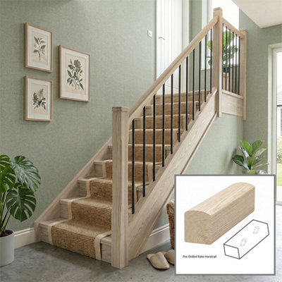 B&Q - Ash Handrail Contemporary 3.0M Rake Drilled For 14mm Metal Spindles Uk Manufactured 