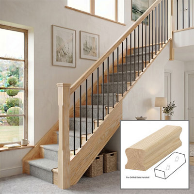 B&Q - Ash Handrail Thr 3.0M Rake Drilled For 14mm Metal Spindles Uk Manufactured 