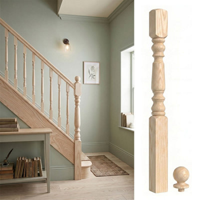 Ash Oxford Newel Post 90mm X 90mm X 1500mm Inc Cap Uk Manufactured Traditional Products Ltd from B&Q