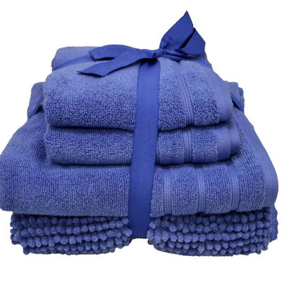 Four Pack Chenille Bath Mat & Towel Bundle Ribbon TiedBlue
