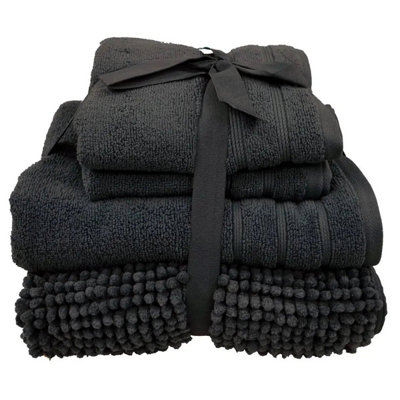 Four Pack Chenille Bath Mat & Towel Bundle Ribbon Tied -Charcoal