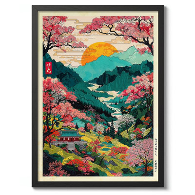 Mount Yoshino ValleyJapanese Wall ArtWoodblock Poster (A3 Black) from B&Q