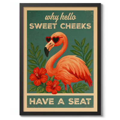 Hello Sweet Cheeks FlamingoJapanese Wall ArtWoodblock Poster (A4 Black) from B&Q