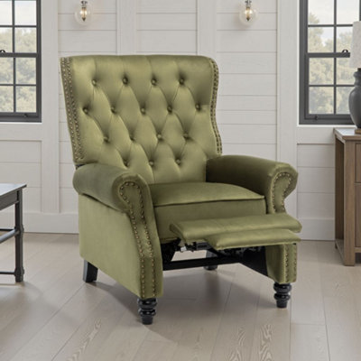 Velvet Sage Green Buttoned Carmona Wingback Recliner Chair from B&Q