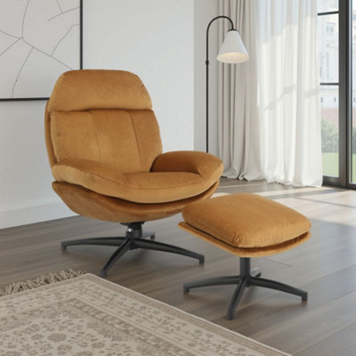  - Velvet Tan Brenna Swivel Armchair With Footstool