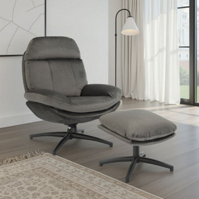  - Velvet Dark Grey Brenna Swivel Armchair With Footstool
