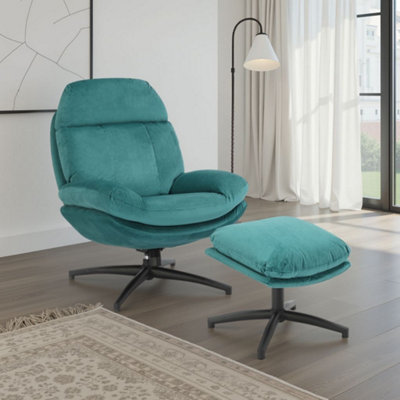  - Velvet Teal Brenna Swivel Armchair With Footstool
