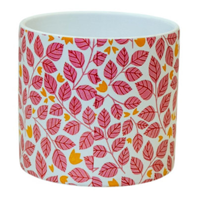 B&Q -  Pink Leaf & Tulip Ceramic Plant Pot 13.8 X 12.5 Cm