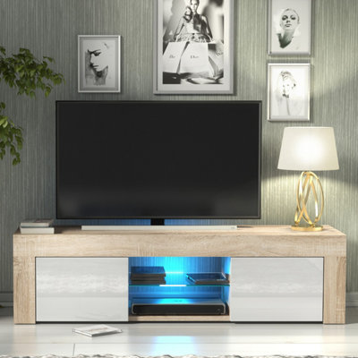 Creative Furniture White Loom Tv Unit - Oak & Gloss Doors And Led Lights 130Cm