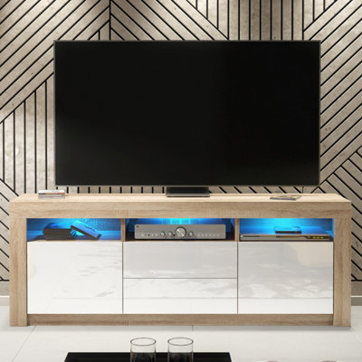 Creative Furniture White Shine Tv Unit - Oak & Gloss Doors And Led Lights 160Cm