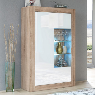 Creative Furniture White Arcadia Display Cabinet - Oak & Gloss Doors And Led Lights 140Cm